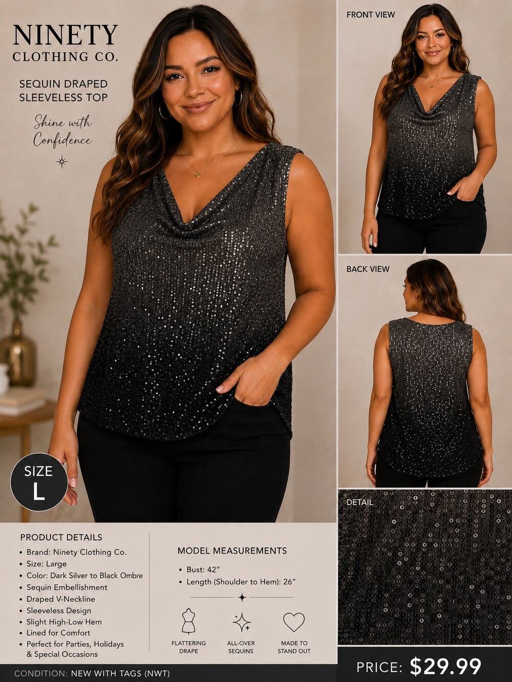 Ninety Clothing Co NWT Women’s Silver Sleeveless Party Sparkle Holiday Blouse L